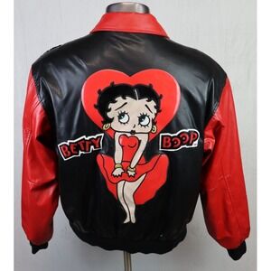 Excelled Betty Boop Heart Varsity Jacket Faux Leather Size XL Black Red Full Zip